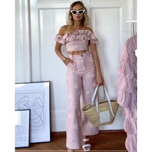 ZARA WOMAN NWT PINK EMBROIDERED LINEN BLEND PANTS TROUSERS LEAF S M XL 2731/091